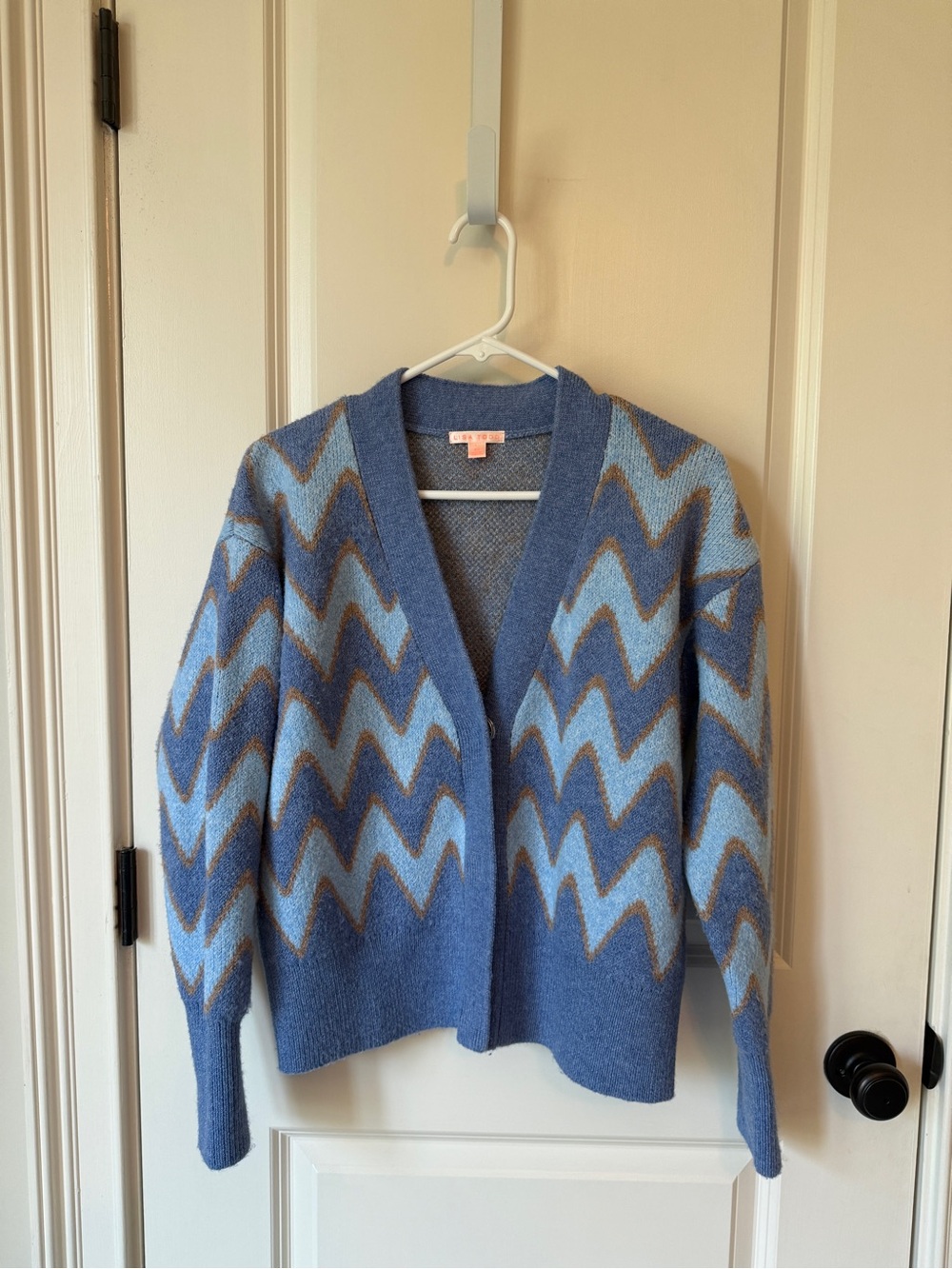 Lisa Todd Blue Chevron Open-Front Cardigan with Brown Accents